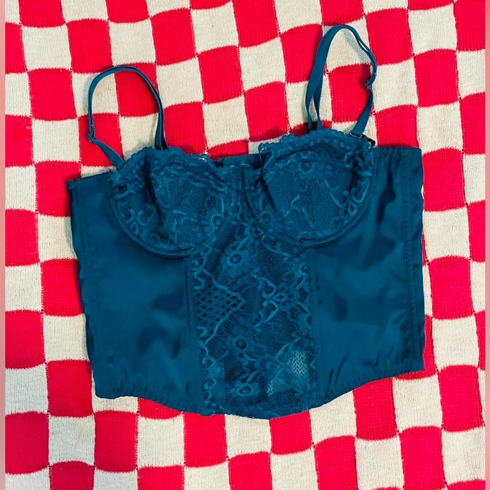 Blue Sexy Feminine Lace Detail Clasp Hook Corset Crop Top - Size S
